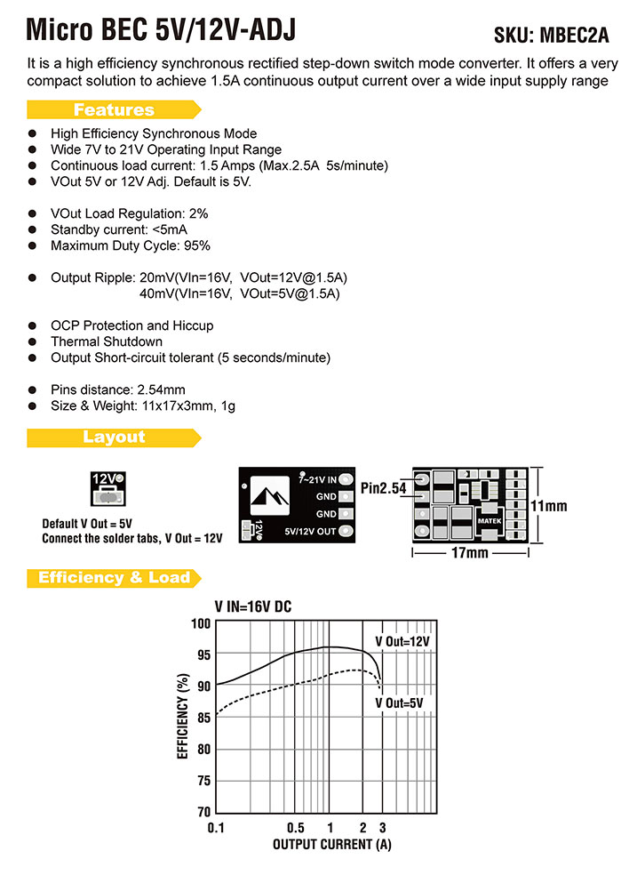Matek Micro BEC 7-21V to 5V/12V-ADJ, 1.5A Matek Micro BEC 7-21V to 5V/12V-ADJ, 1.5A