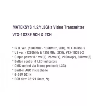 Видео передатчик Matek 1.2/1.3GHz, VTX-1G3SE фото 3